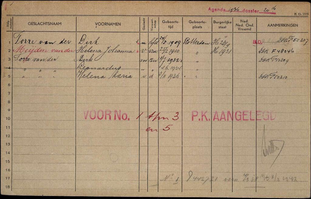 Dirk van der Torre 1909 gezinskaart I