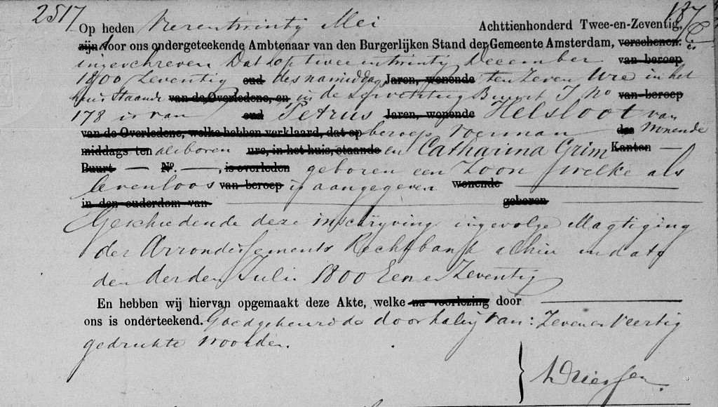 Dries Helsloot 1870 overlijdensakte