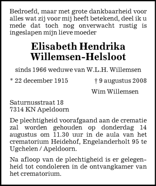 Elisabeth Hendrika Helsloot 1915 overlijdensadvertentie