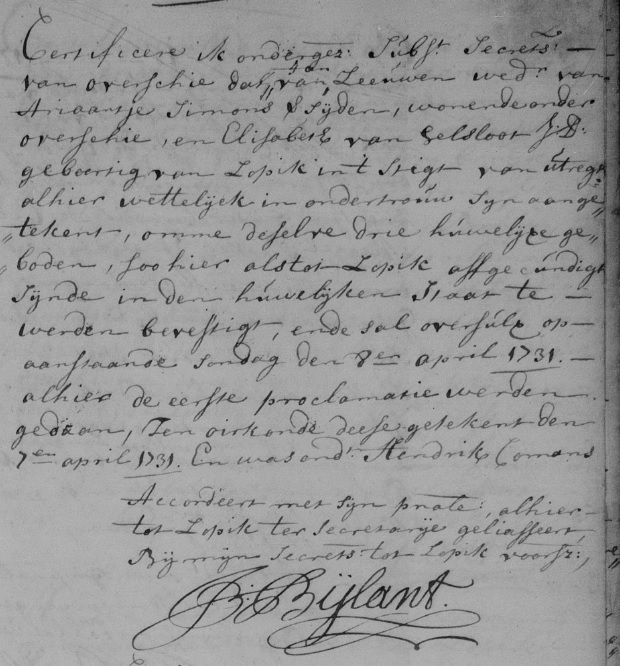Elisabeth Jans Helsloot 1707 ondertrouwboek Lopikerkapel
