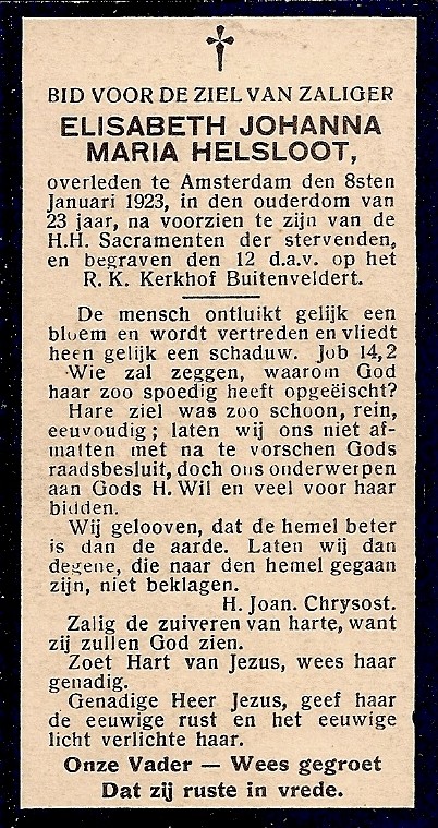Elisabeth Johanna Maria Helsloot 1899 bidprentje