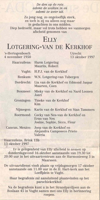 Elly van de Kerkhof overlijdensadvertentie