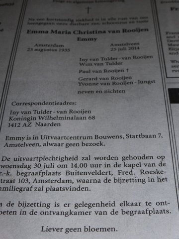 Emma Maria Christina van Rooijen overlijdensadvertentie