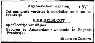Erik Helsloot 1919 overlijdensadvertentie