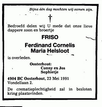 Ferdinand Cornelis Maria Helsloot 1991 overlijdensadvertentie