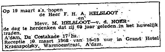 Franciscus Hironijmus Adrianus Helsloot 1888 huwelijksjubileumadvertentie