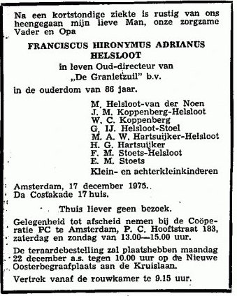 Franciscus Hironijmus Adrianus Helsloot 1888 overlijdensadvertentie