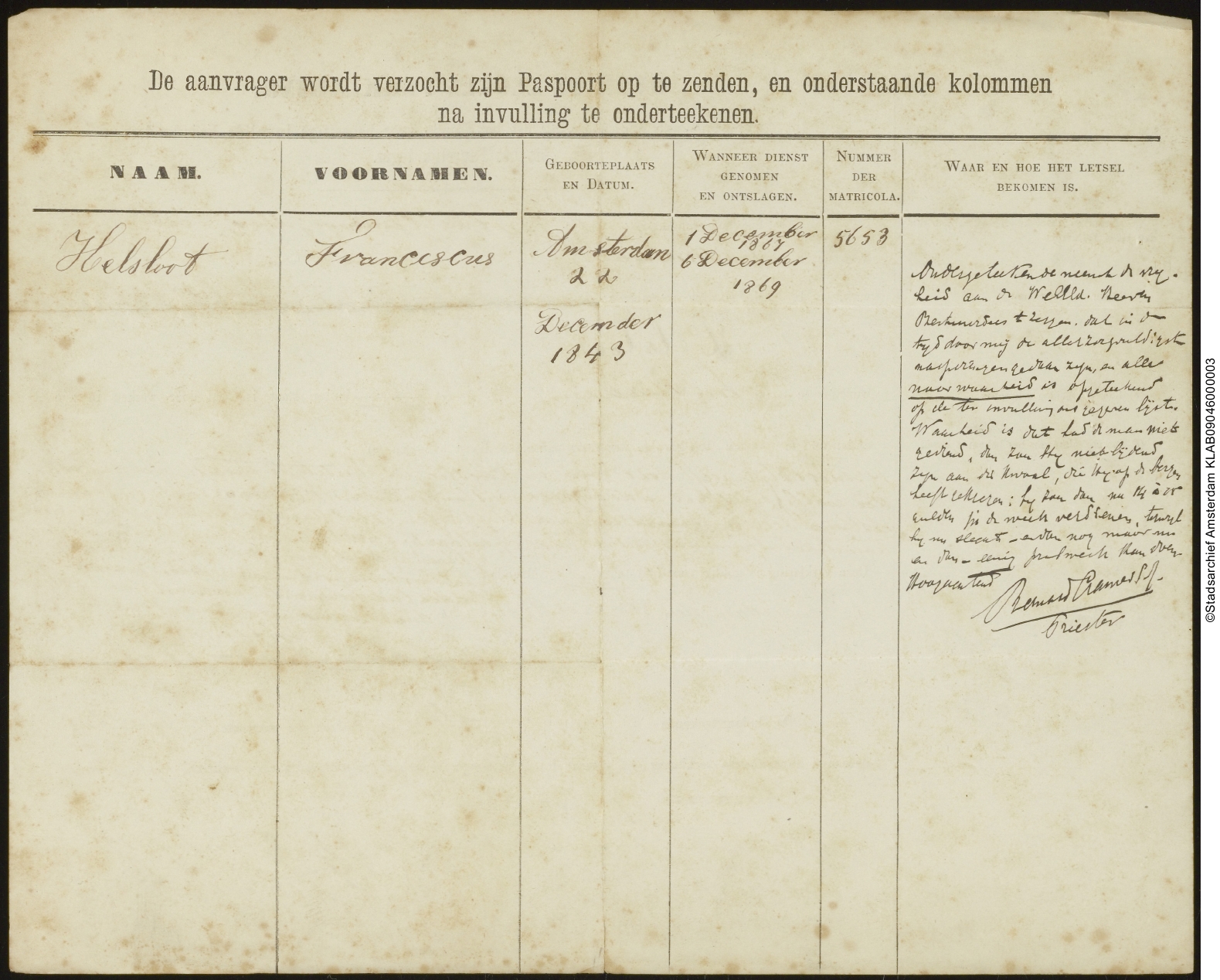 Franciscus Johannes Helsloot 1843 aanvraag ondersteuning uit het Fonds voor behoeftige invalide Nederlanders uit het Pauselijke leger II
