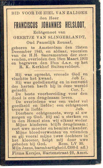 Franciscus Johannes Helsloot 1843 bidprentje