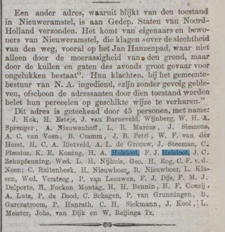 Franciscus Johannes Helsloot 1843 en Hendricus Andreas Helsloot 1854 protest slecht onderhoud weg ; Algemeen Handelsblad 19-2-1882