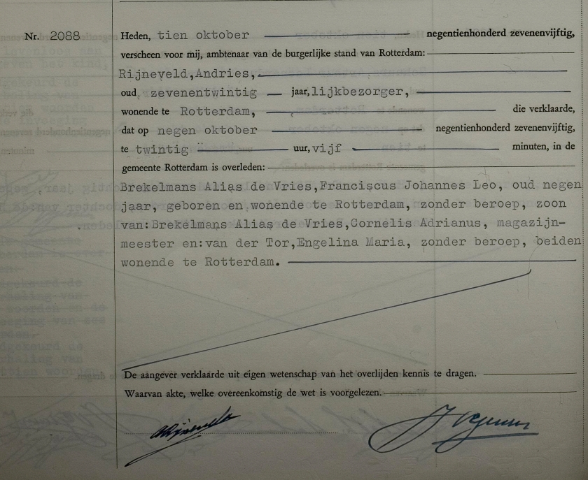 Franciscus Johannes Leo Brekelmans Alias de Vries overlijdensakte