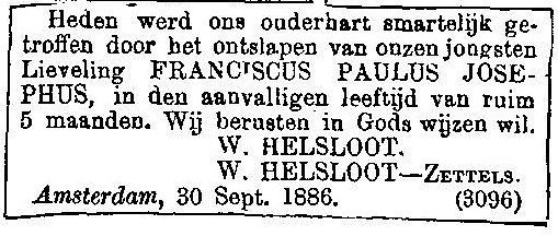 Franciscus Paulus Josephus Helsloot 1886 overlijdensadvertentie