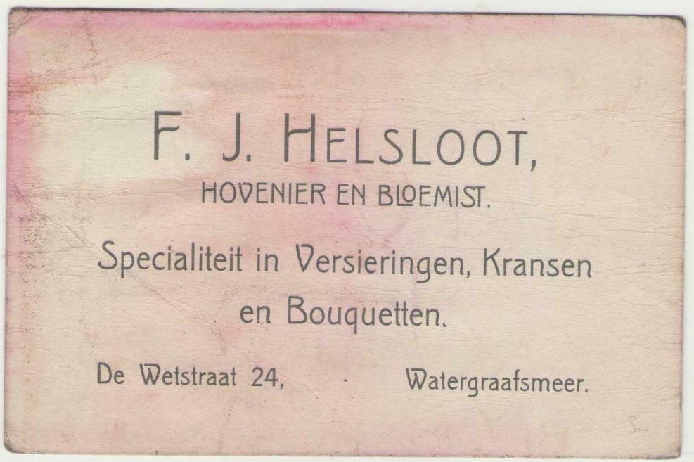 Fredericus Johannes Helsloot 1856 visitekaartje