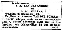 Frederik Adrianus van der Torren 1862 huwelijksadvertentie