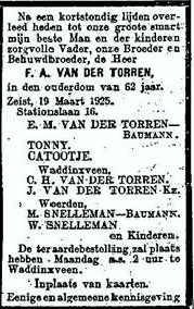 Frederik Adrianus van der Torren 1862 overlijdensadvertentie