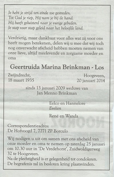 Geertruida Marina Los overlijdensadvertentie