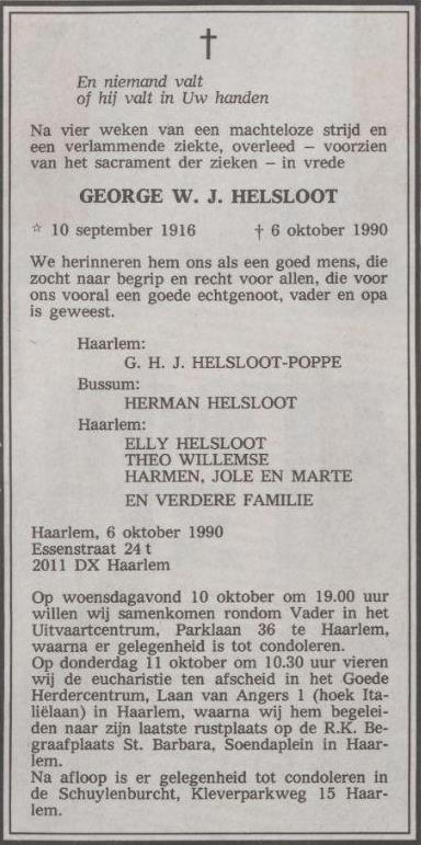George Willem Joseph Helsloot 1916 overllijdensadvertentie