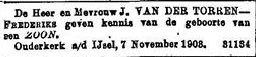 Gerard van der Torren 1903 geboorteadvertentie