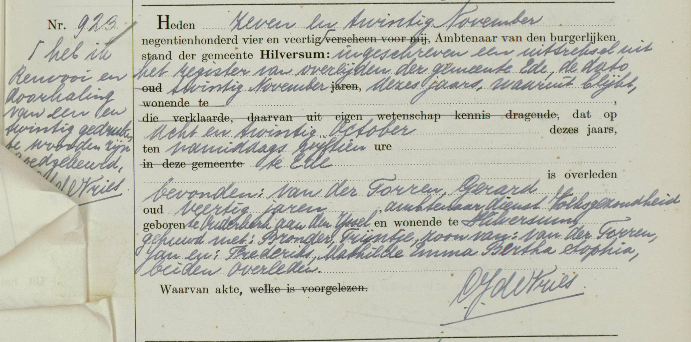 Gerard van der Torren 1903 overlijdensakte