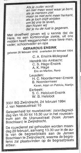 Gerardus Ensink overlijdensadvertentie