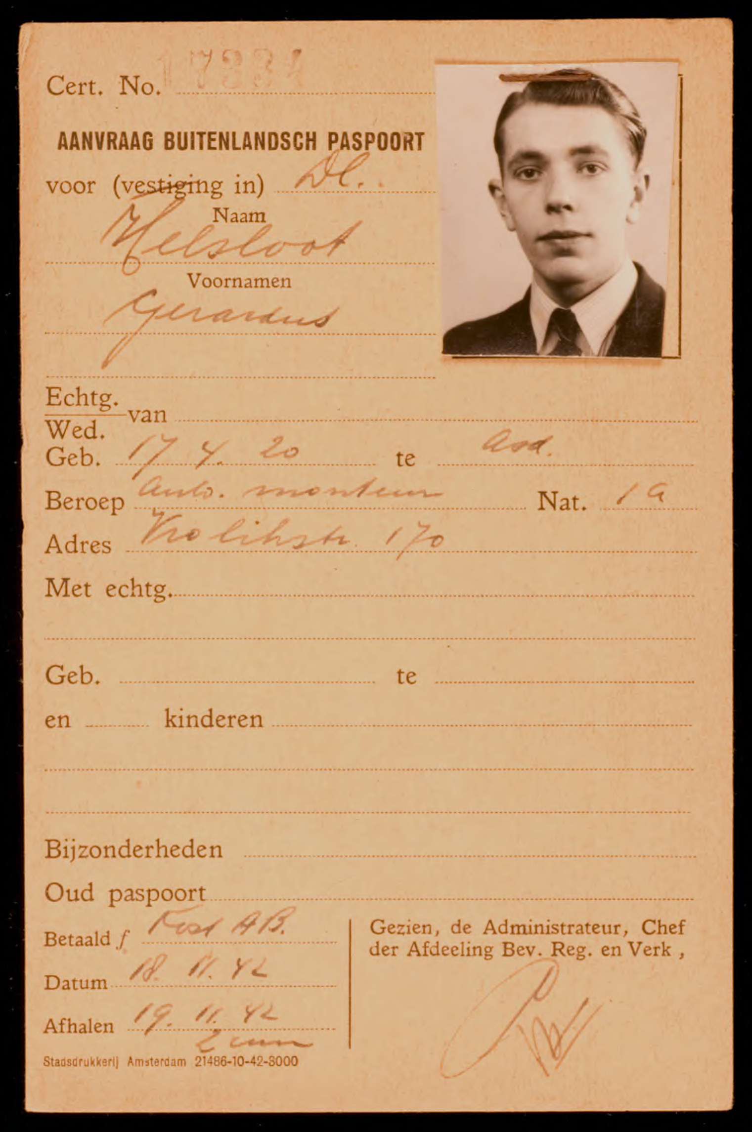 Gerardus Helsloot 1920 paspoortaanvraag 1942 I
