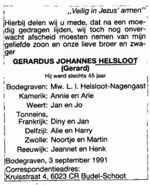 Gerardus Johannes Helsloot 1946 overlijdensadvertentie