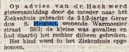 Gerardus Simon Helsloot 1912 gebroken been ; Rotterdams Nieuwsblad 2-12-1915