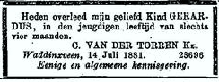 Gerardus van der Torren 1881 overlijdensadvertentie