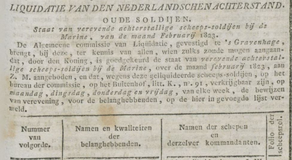 Gerhardus Helsloot 1765 ; Liquidatie van oude scheeps-soldijen juli 1825 ; Nerderlansche Staats-Courant 09-04-1823 I