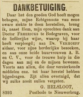 Gijsbert Helsloot 1845 dankadvertentie; De Rijnbode 19-03-1893