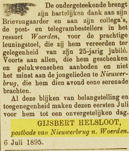 Gijsbert Helsloot 1845 jubileumadvertentie; De Rijnbode 10-07-1895