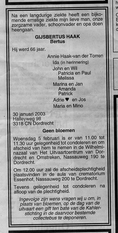 Gijsbertus Haak overlijdensadvertentie