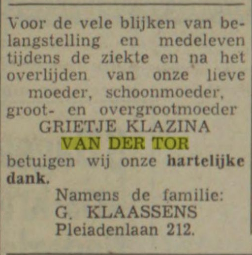 Grietje Klazina van der Torn overlijdensadvertentie