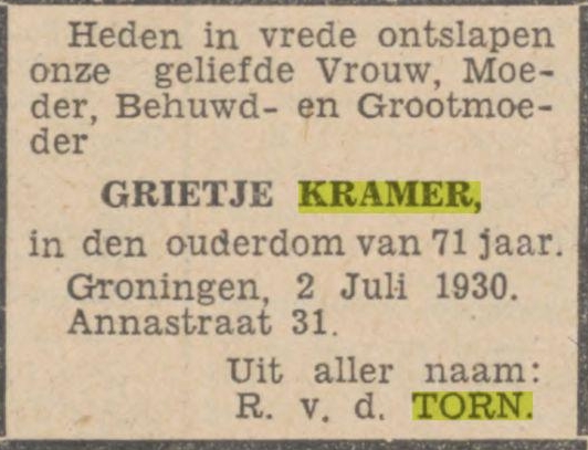 Grietje Kramer overljdensadvertentie