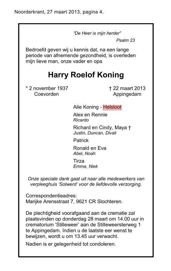 Harry Roelof Koning overlijdensadvertentie