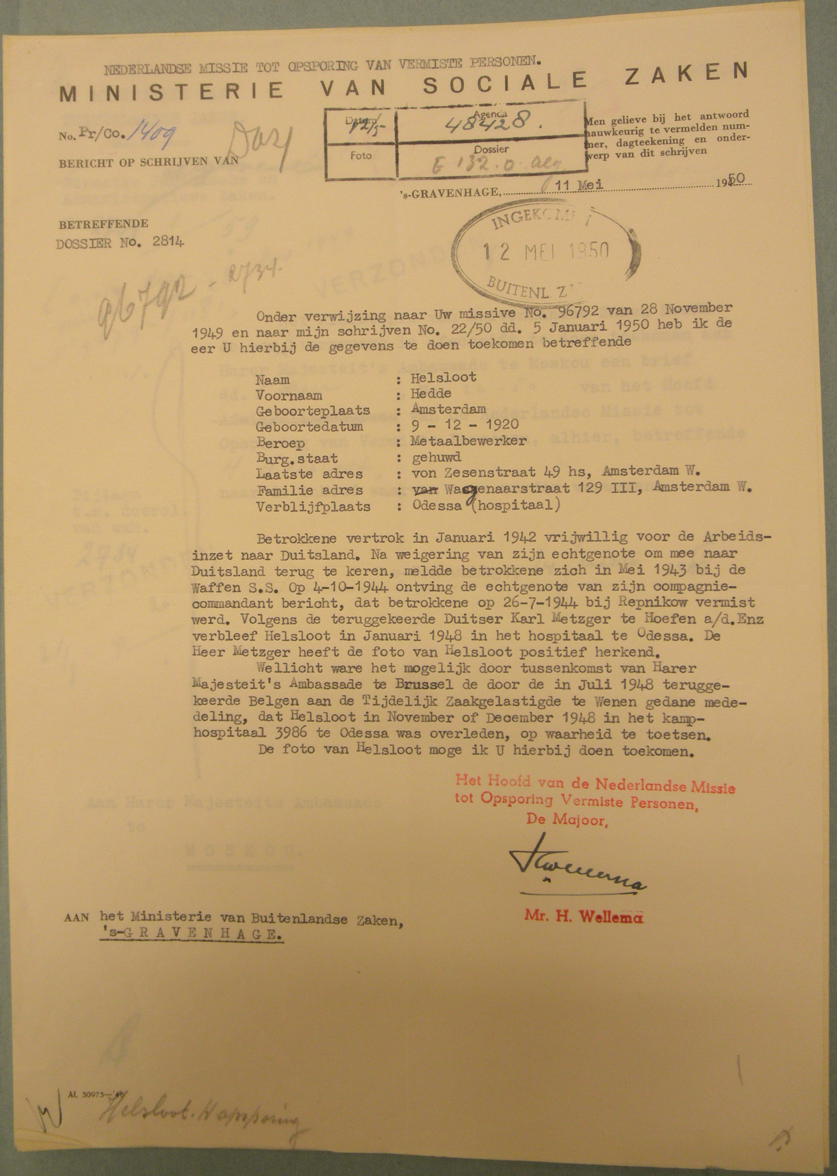Hedde Helsloot 1920 opsporing en vermissing van krijgsgevangenen IX
