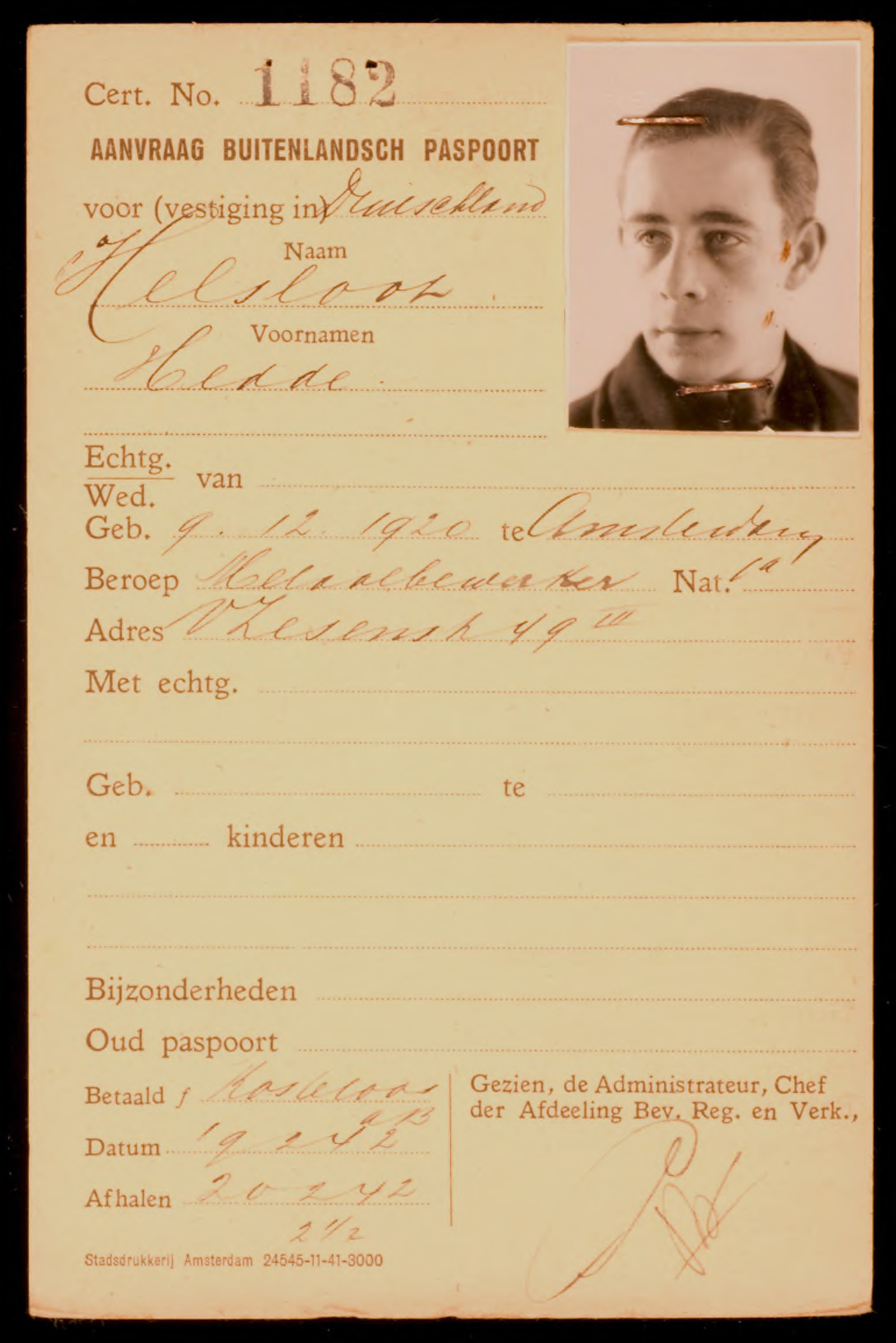 Hedde Helsloot 1920 paspoortaanvraag 1942 I