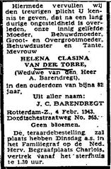 Helena Clasina van der Torre 1861 overlijdensadvertentie