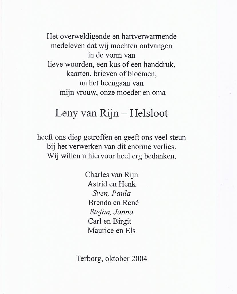 Helena Cornelia Maria Helsloot 1929 bedankkaart