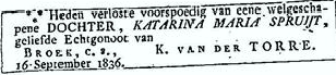 Helena Margaretha Wilhelmina van der Torren 1836 geboorteadvertentie