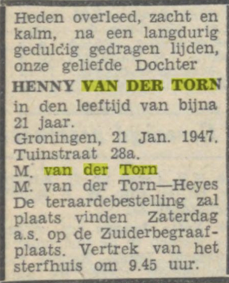 Henderkien van der Torn 1926 overlijdensadvertentie I