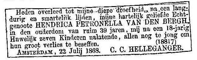 Hendrica Petronella van den Bergh overlijdensadvertentie