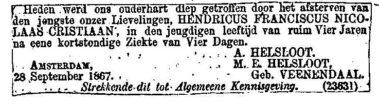 Hendricus Franciscus Nicolaas Helsloot 1863 overlijdensadvertentie