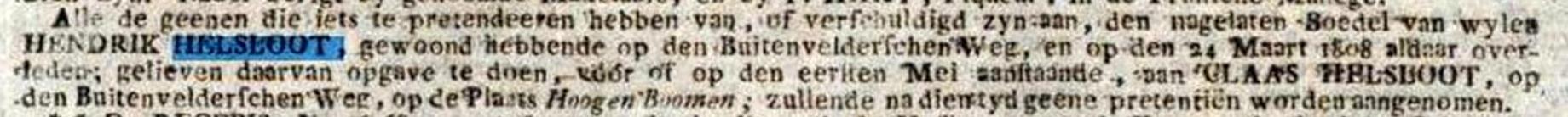 Hendricus Helsloot 1736 oproep boedel;  Amsterdamse courant 12-04-1808