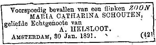 Hendricus Johannes Theodorus Helsloot 1891 geboorteadvertentie