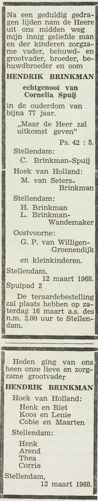 Hendrik Brinkman 1891 overlijdensadvertentie