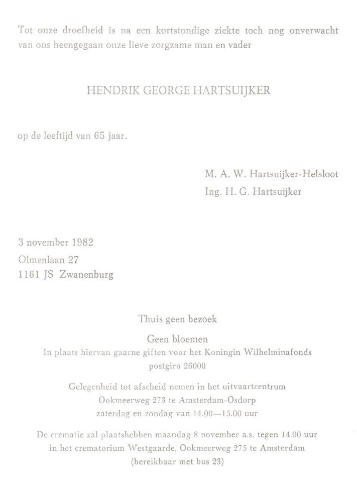 Hendrik George Hartsuijker rouwkaart