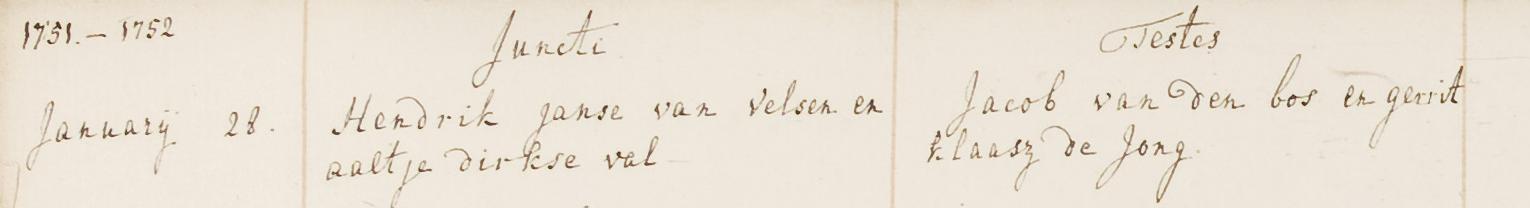 Hendrik Janse van Velsen x Aaltje Dirkse Val huwelijksregister