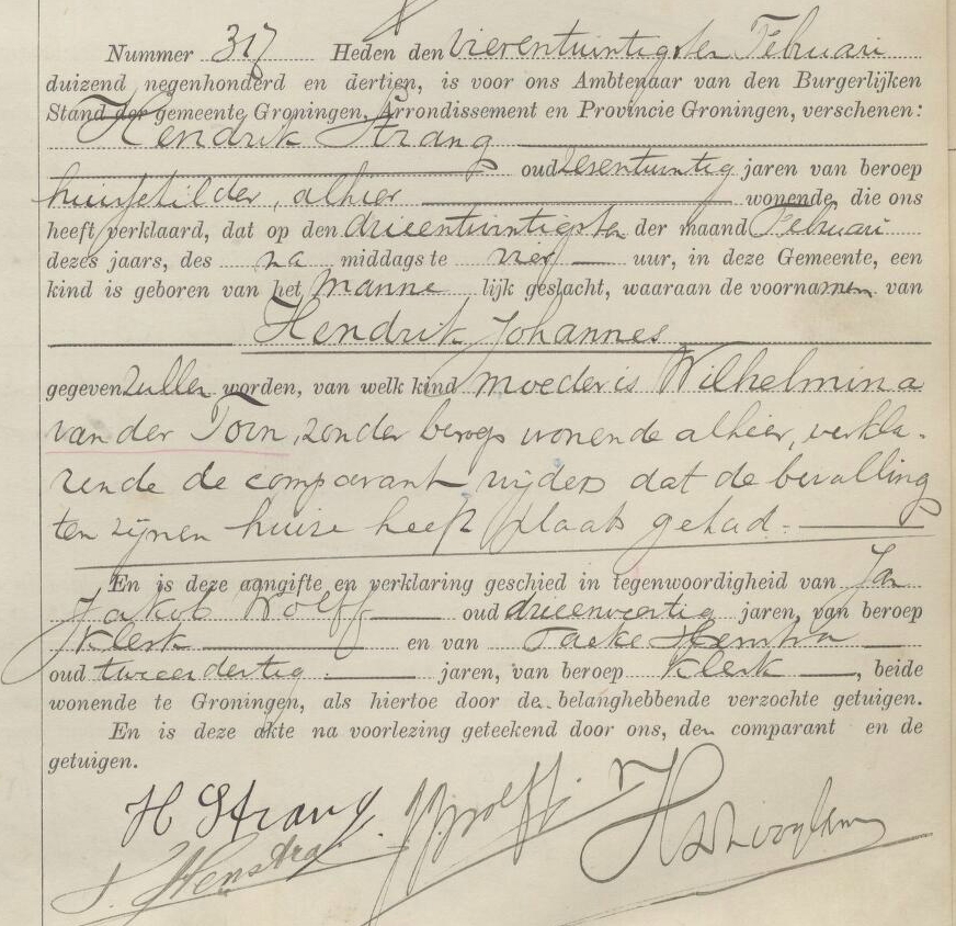 Hendrik Johannes van der Torn 1913 geboorteakte
