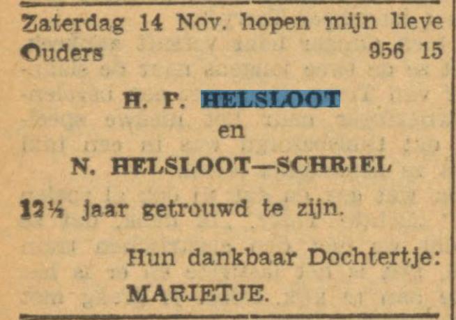 Hendrik Pieter Helsloot 1896 huwelijksjubileumadvertentie 1931